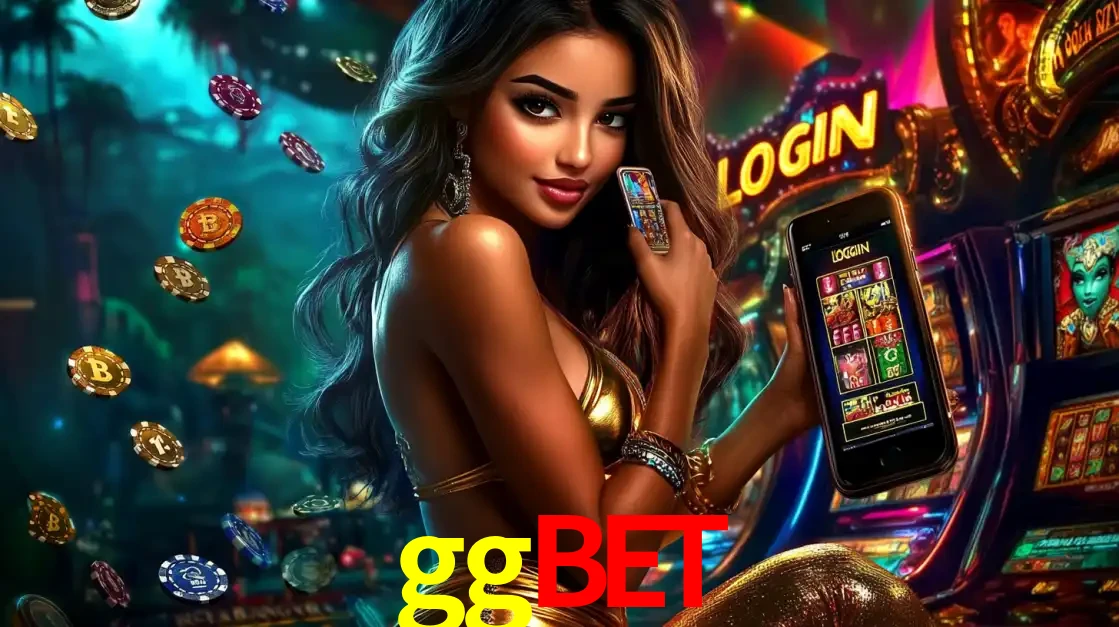 Mulher em um cenário de cassino temático de aventura, mostrando o app de caça-níqueis da ggbet no celular. Fichas de apostas flutuam ao redor.