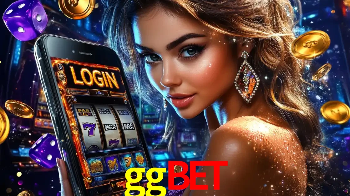 Mulher glamorosa segurando um smartphone com a tela de login para os jogos de caça-níqueis do cassino online ggbet, com moedas de ouro e dados ao redor.