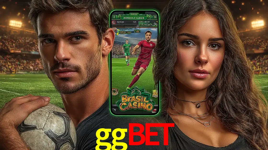 Homem segurando uma bola de futebol e uma mulher ao lado de um smartphone exibindo o jogo de apostas esportivas da ggbet. Faça seu palpite no cassino online.